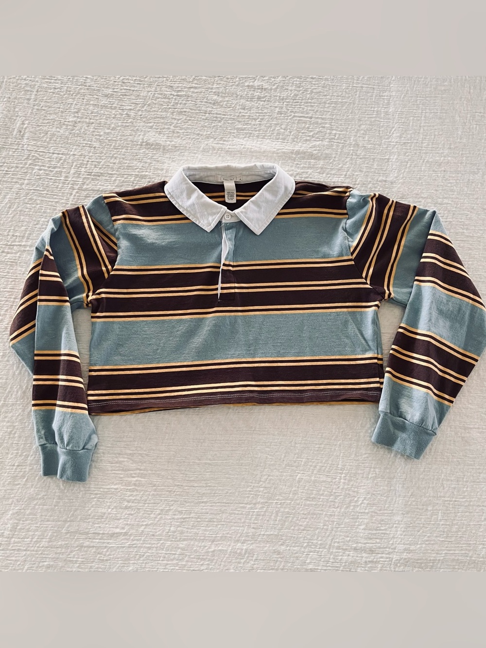 Cropped Long-Sleeve Rugby Polo Top in Blue, Brown and Merigold Stripes Size M